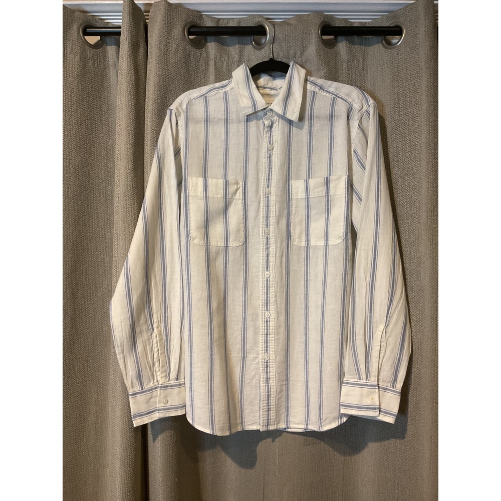 American Eagle Men's Classic Fit Linen Blend Stripe Button Down Shirt Blue Wht M